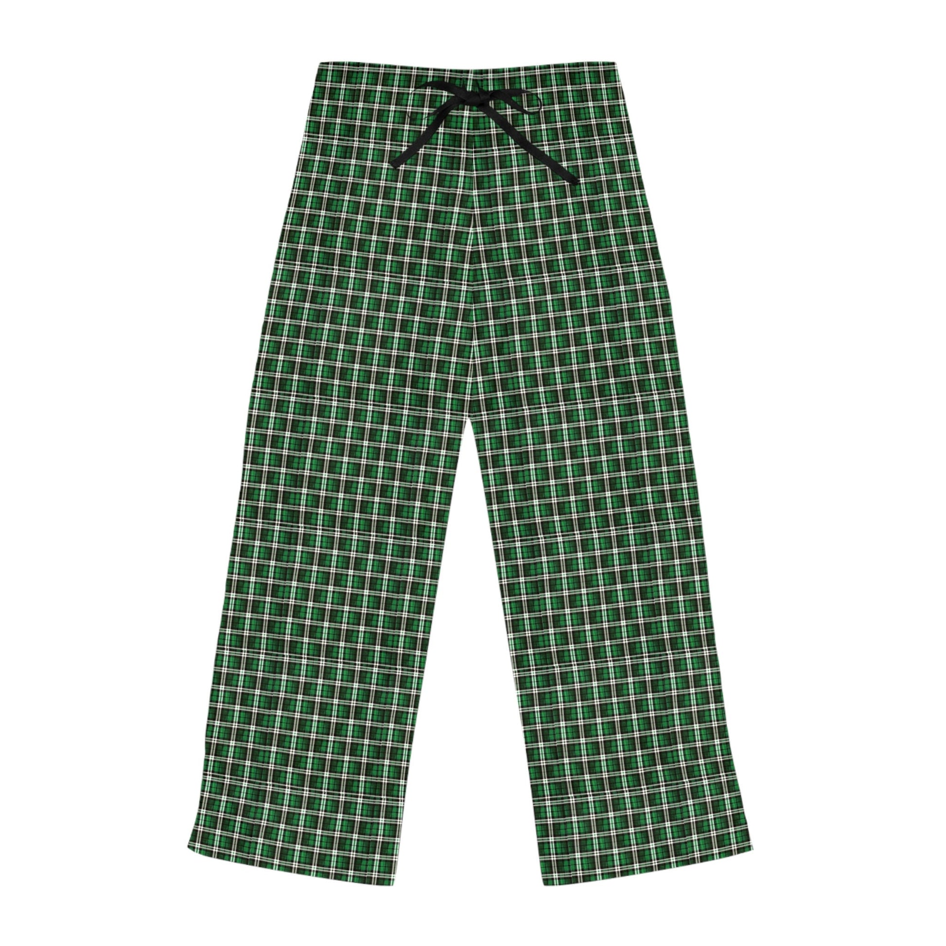 Women’s green plaid Christmas morning pajama bottoms hand-drawn holiday design