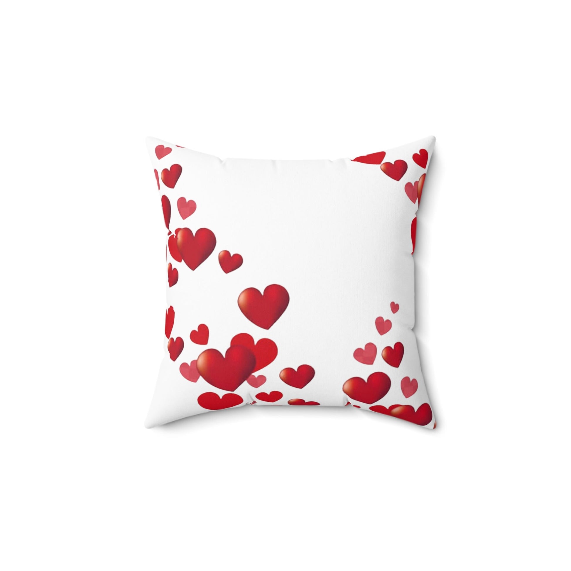 A square-shaped, white polyester pillow with a double-sided print featuring red hearts on one side and a solid white background on the other, concealed zipper.