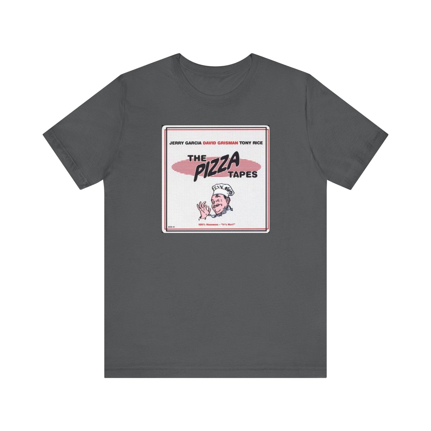 A gray unisex short-sleeve t-shirt with a print of 'The Pizza Tapes' album cover on the front.