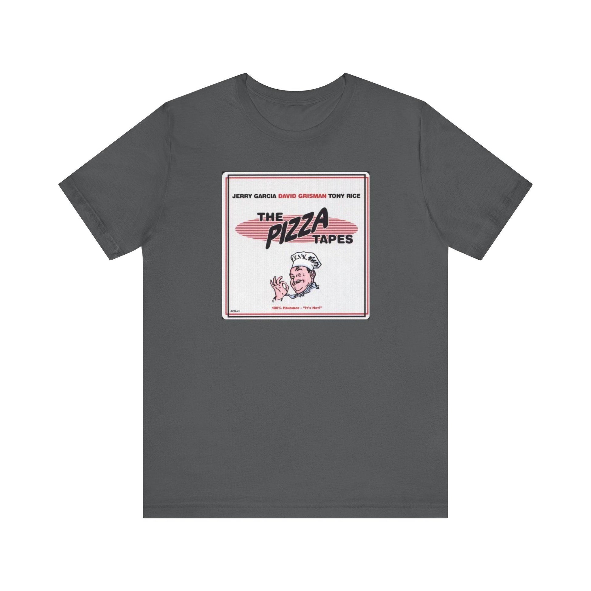 A gray unisex short-sleeve t-shirt with a print of 'The Pizza Tapes' album cover on the front.
