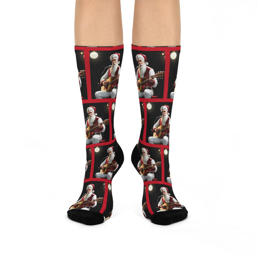 Santa Elvis Presley Playing a Guitar Cushioned Crew Christmas Socks