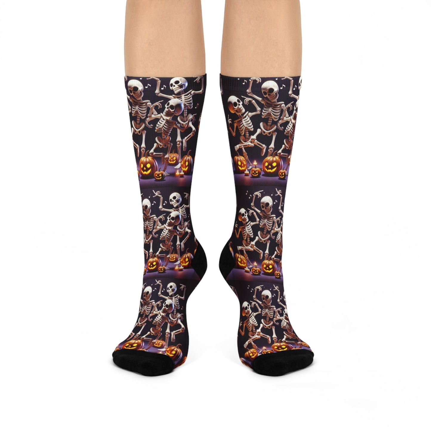 Spooky Fun Dancing Skeletons Halloween Socks with Pumpkins - Cushioned Crew Socks