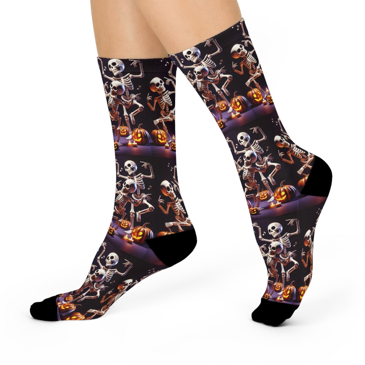 Spooky Fun Dancing Skeletons Halloween Socks with Pumpkins - Cushioned Crew Socks