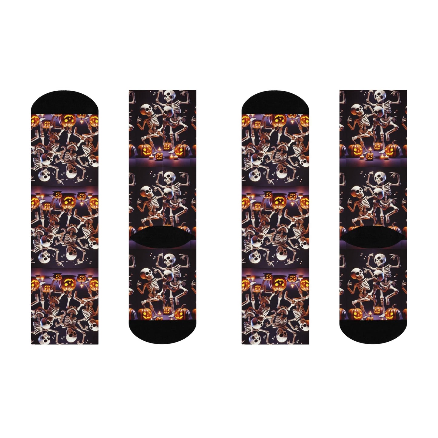 Spooky Fun Dancing Skeletons Halloween Socks with Pumpkins - Cushioned Crew Socks