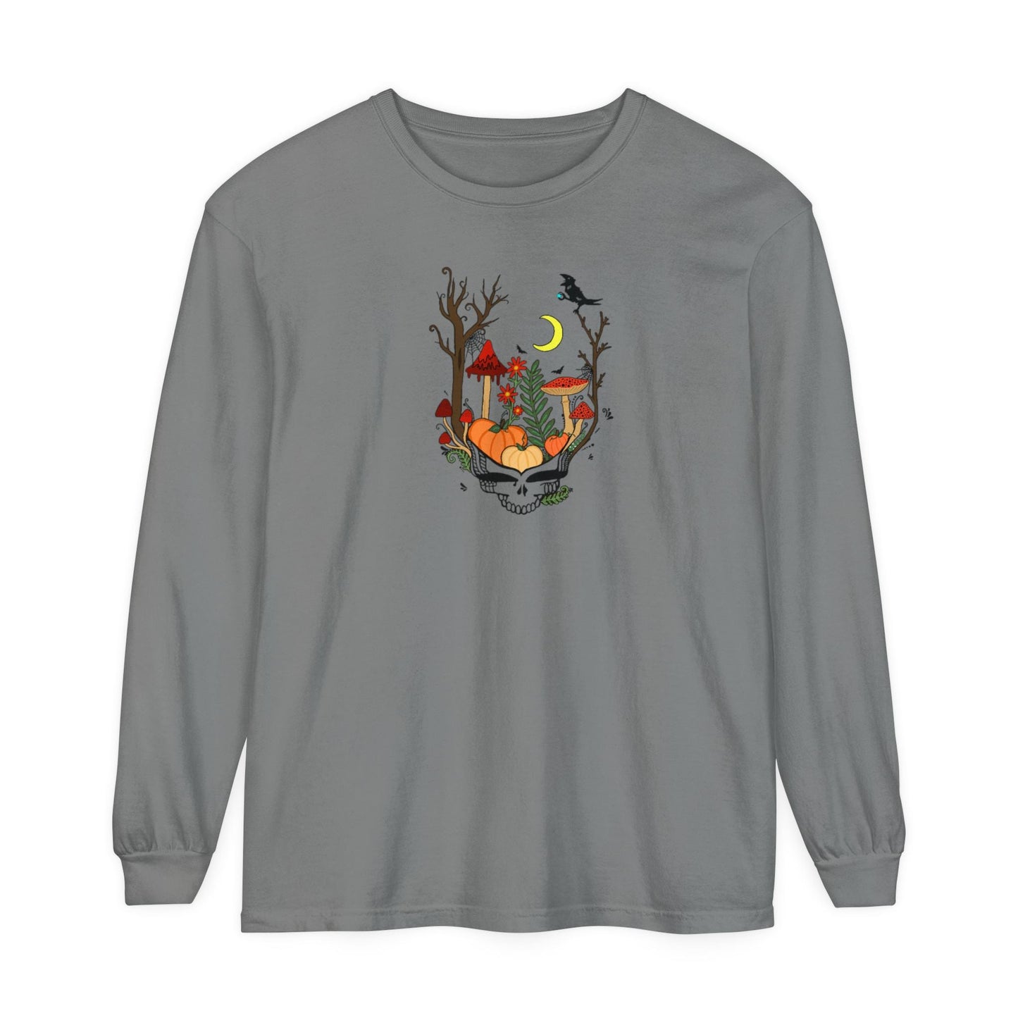 Hand-Drawn Pumpkin & Red Daisy Lightweight Long Sleeve Tee - Cozy Fall Apparel for Billy Strings Fans