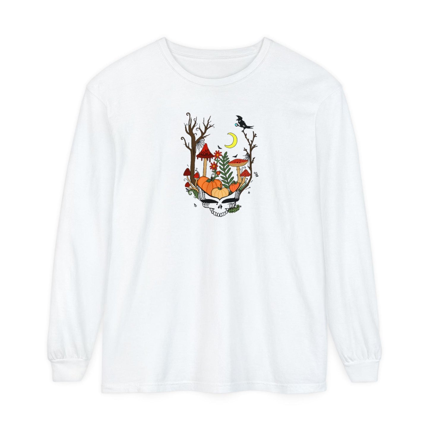 Hand-Drawn Pumpkin & Red Daisy Lightweight Long Sleeve Tee - Cozy Fall Apparel for Billy Strings Fans