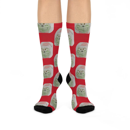 Hand-Drawn Grinch Christmas Socks - Harpers Festive Art - Red Cushioned Crew Socks