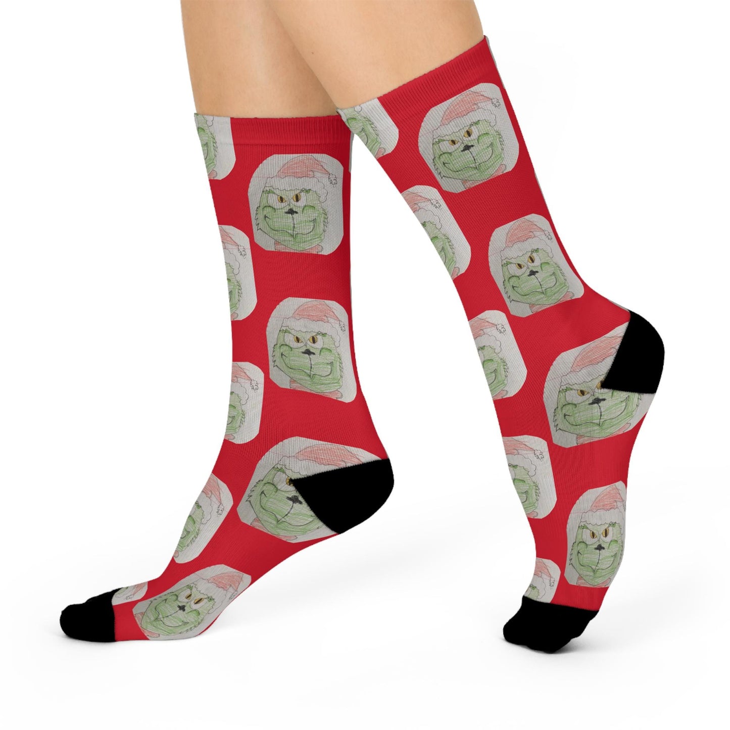 Hand-Drawn Grinch Christmas Socks - Harpers Festive Art - Red Cushioned Crew Socks