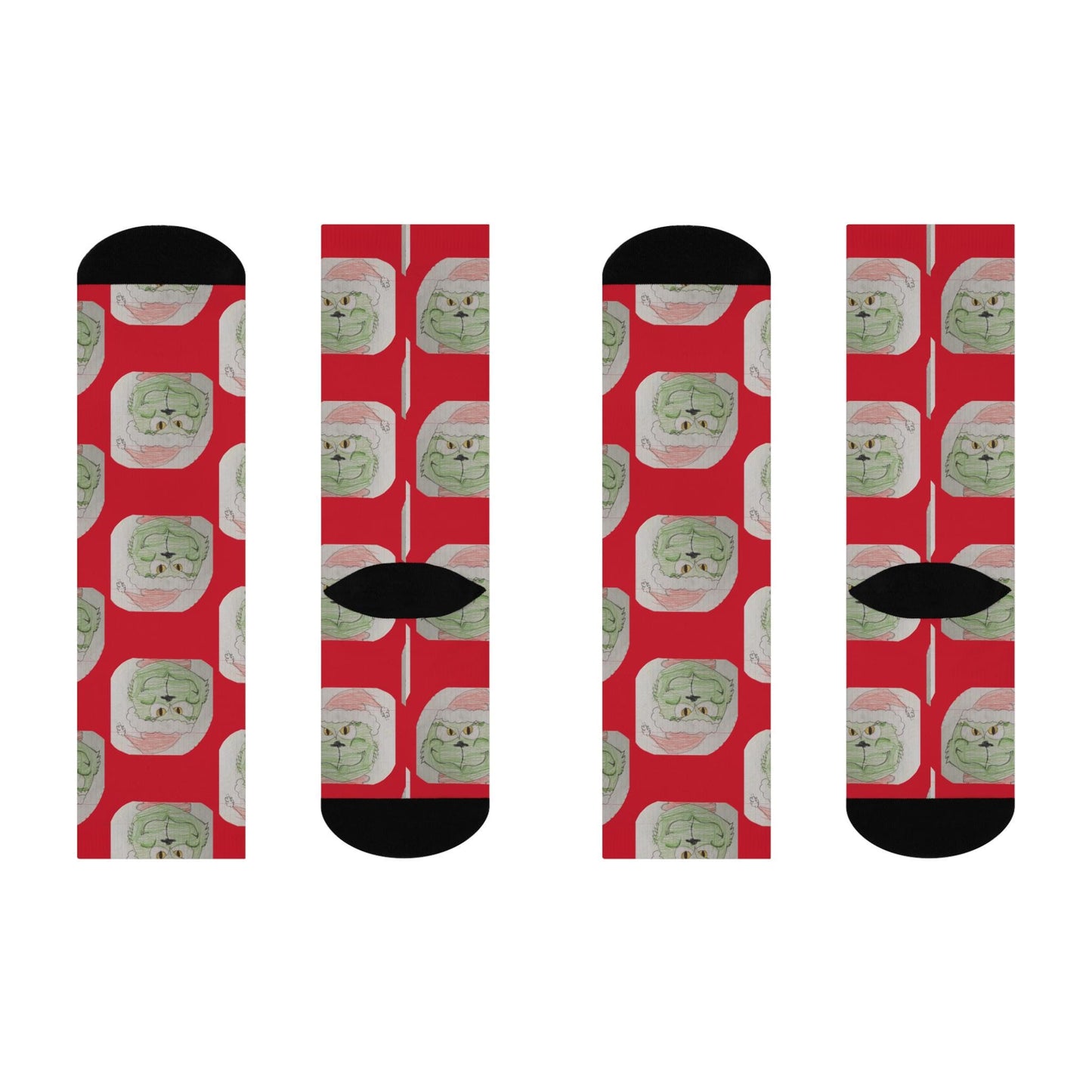 Hand-Drawn Grinch Christmas Socks - Harpers Festive Art - Red Cushioned Crew Socks