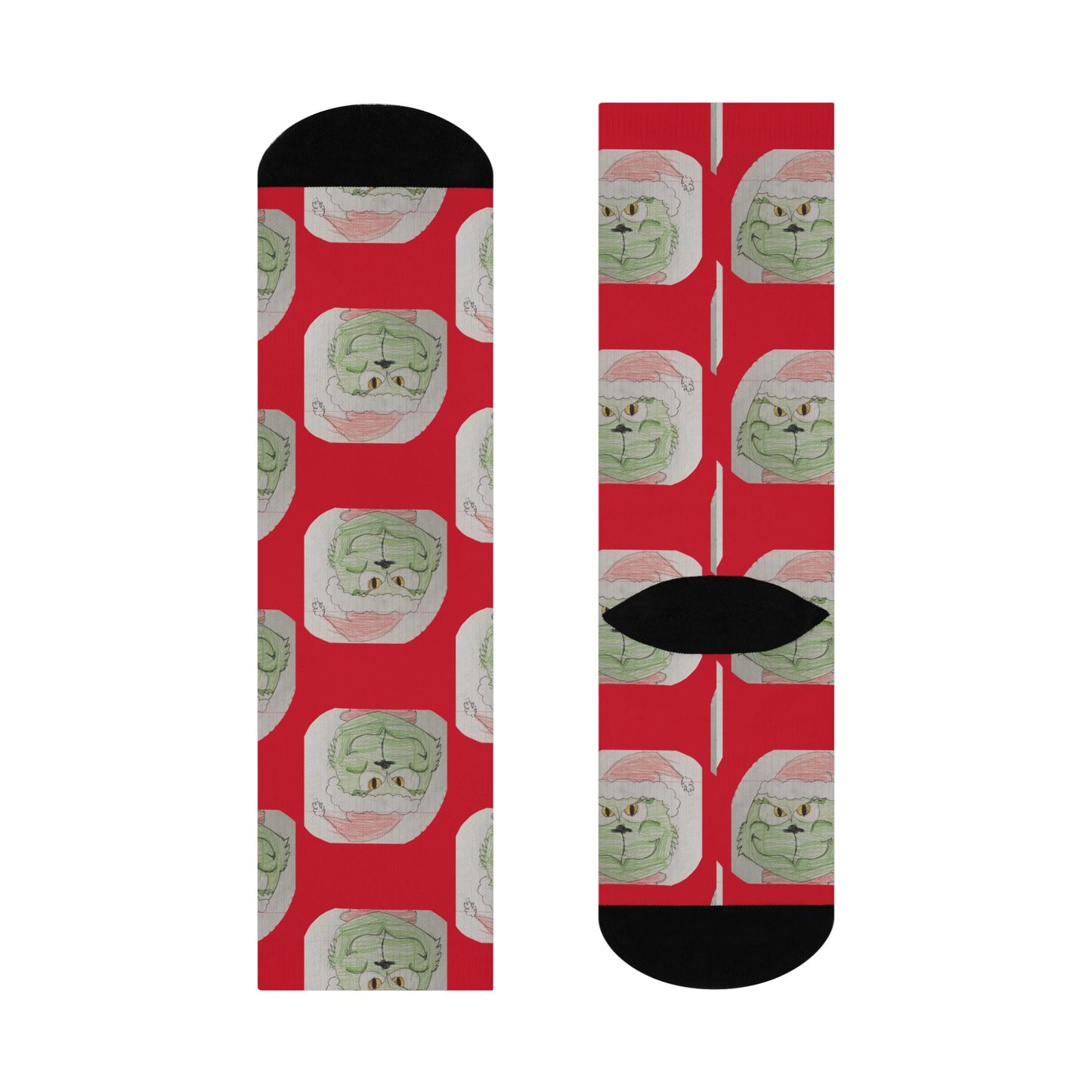 Hand-Drawn Grinch Christmas Socks - Harpers Festive Art - Red Cushioned Crew Socks