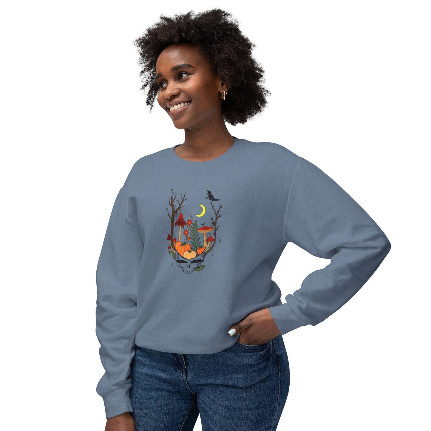 Hand-Drawn Pumpkin & Red Daisy Lightweight Crewneck Sweatshirt - Cozy Fall Apparel for Billy Strings Fans