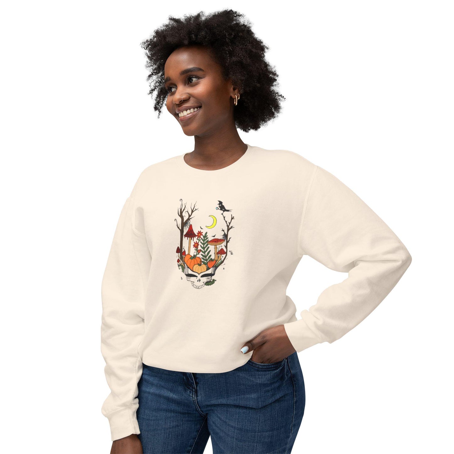 Hand-Drawn Pumpkin & Red Daisy Lightweight Crewneck Sweatshirt - Cozy Fall Apparel for Billy Strings Fans