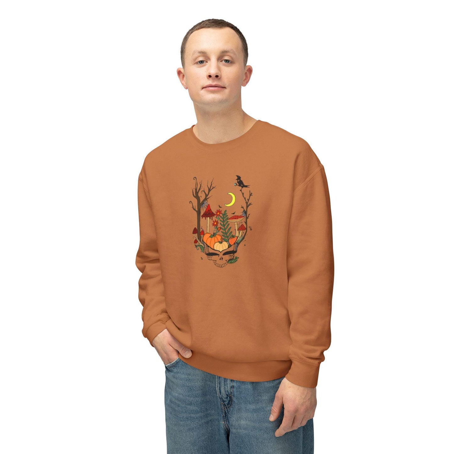 Hand-Drawn Pumpkin & Red Daisy Lightweight Crewneck Sweatshirt - Cozy Fall Apparel for Billy Strings Fans