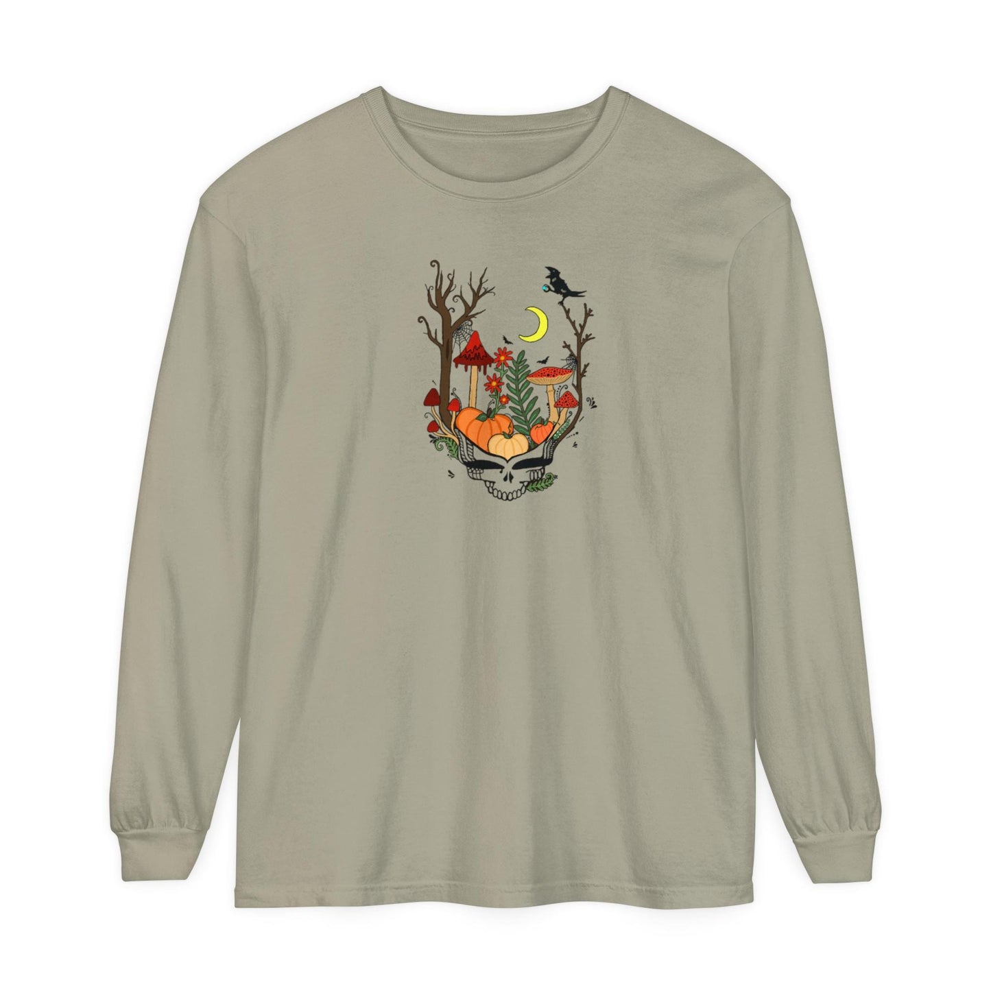 Hand-Drawn Pumpkin & Red Daisy Lightweight Long Sleeve Tee - Cozy Fall Apparel for Billy Strings Fans