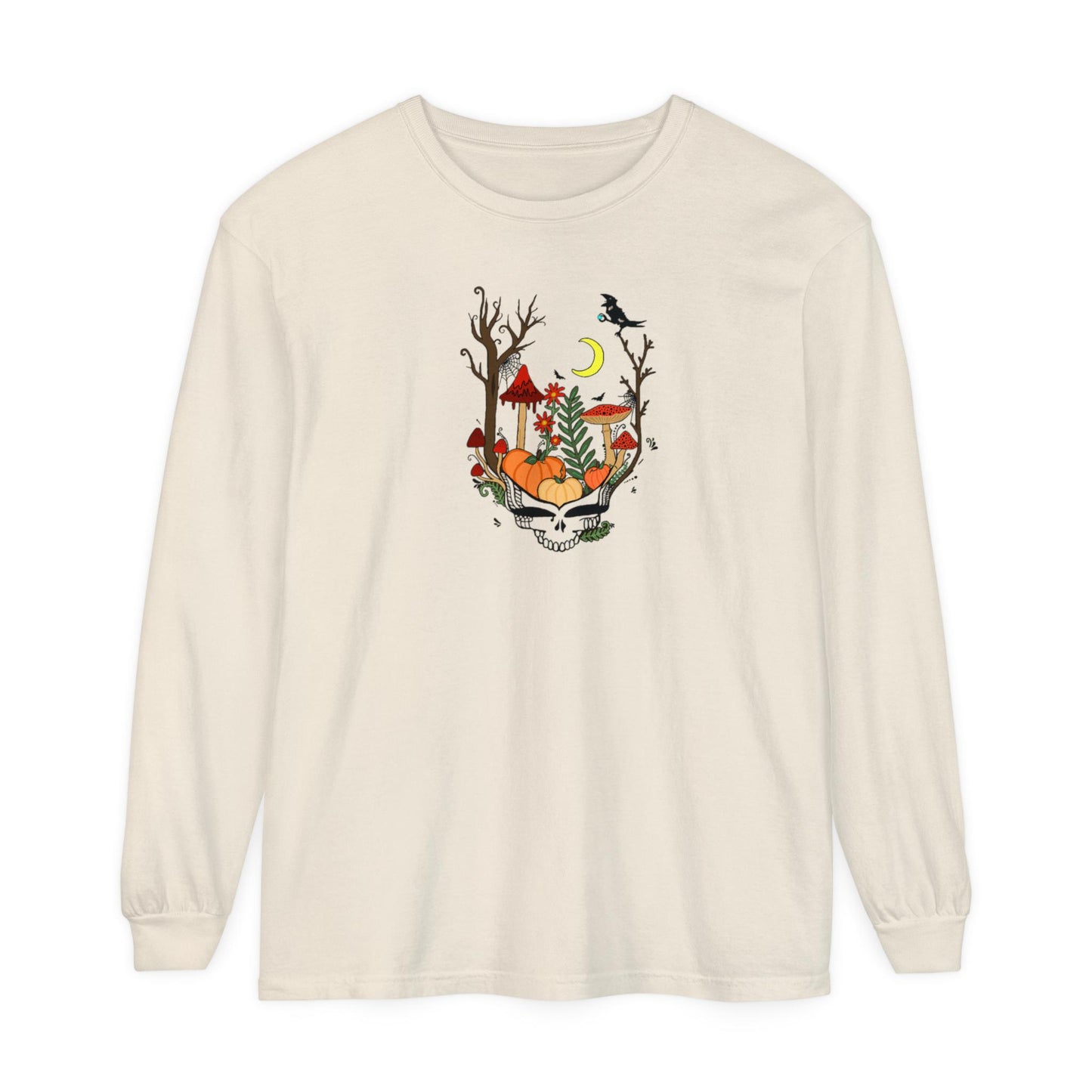 Hand-Drawn Pumpkin & Red Daisy Lightweight Long Sleeve Tee - Cozy Fall Apparel for Billy Strings Fans