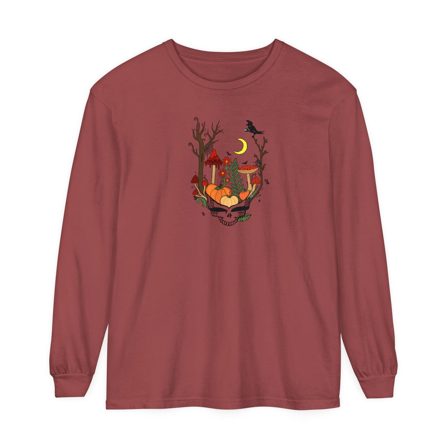 Hand-Drawn Pumpkin & Red Daisy Lightweight Long Sleeve Tee - Cozy Fall Apparel for Billy Strings Fans