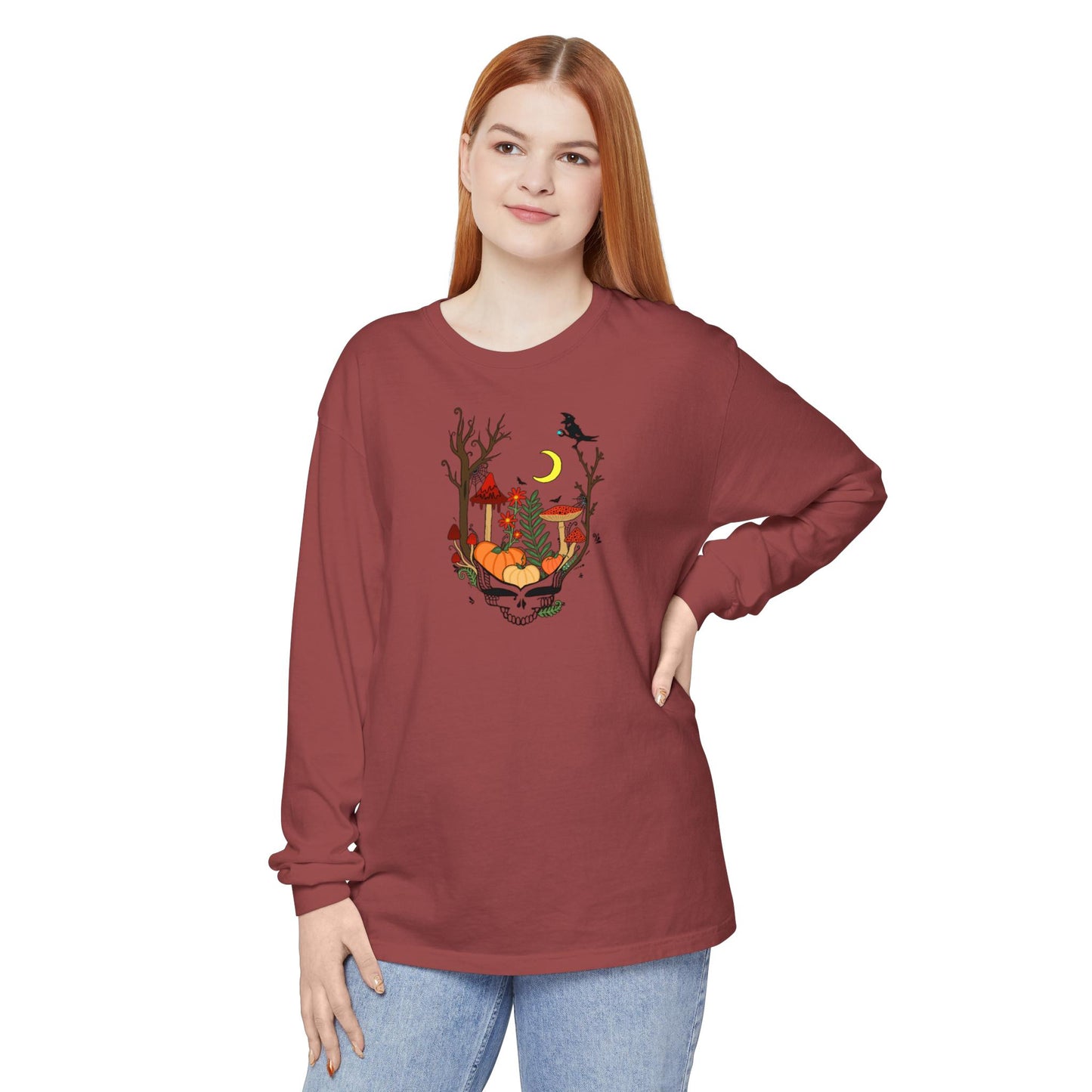 Hand-Drawn Pumpkin & Red Daisy Lightweight Long Sleeve Tee - Cozy Fall Apparel for Billy Strings Fans