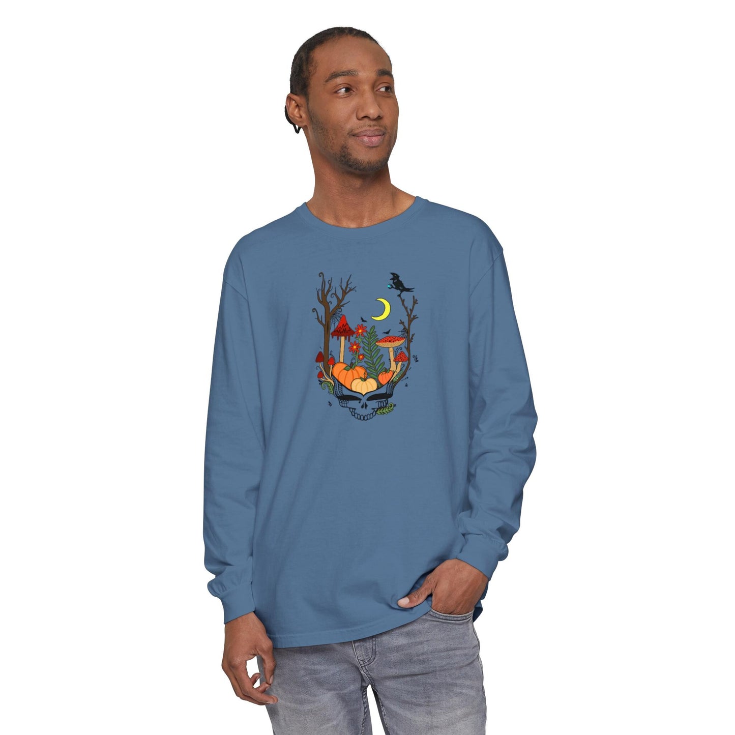 Hand-Drawn Pumpkin & Red Daisy Lightweight Long Sleeve Tee - Cozy Fall Apparel for Billy Strings Fans