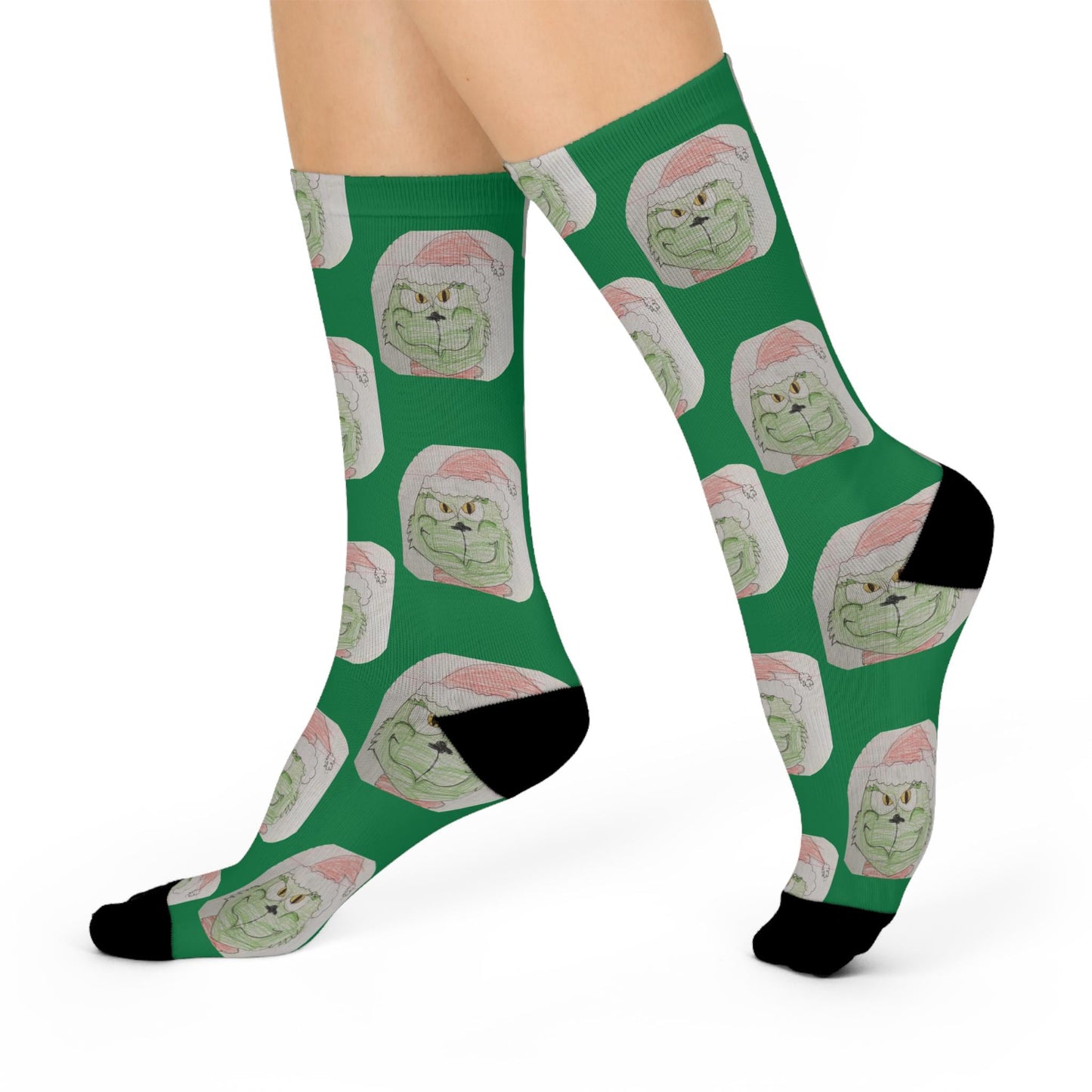 Hand-Drawn Grinch Christmas Socks - Harpers Festive Art - Green Cushioned Crew Socks