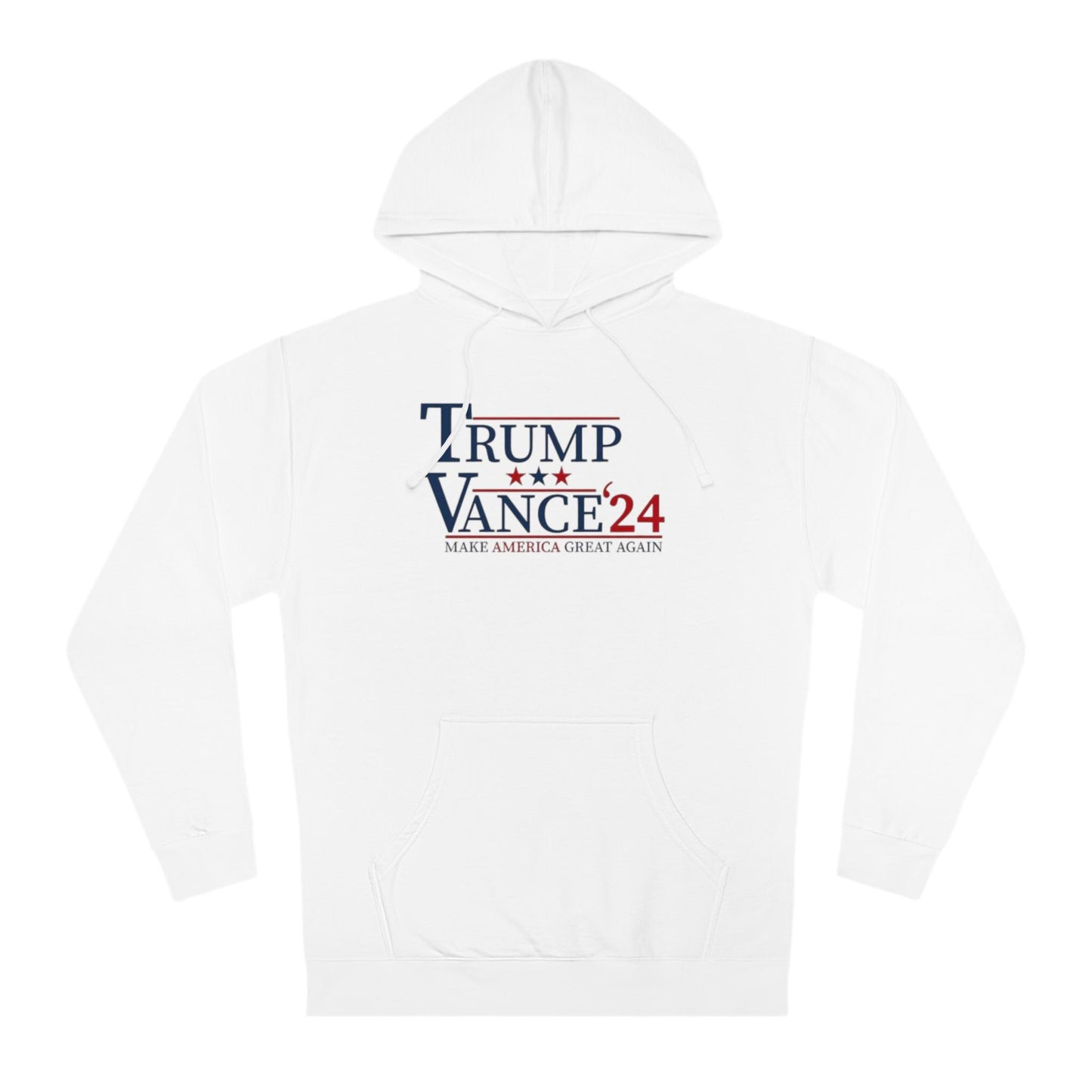 White hoodie with 'Trump Vance 24' text on a white background