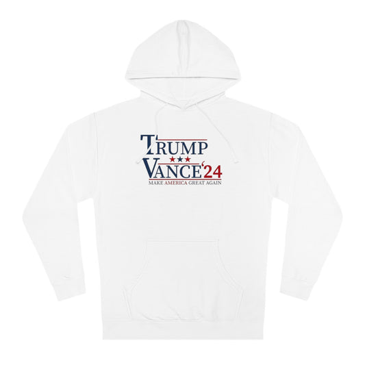 White hoodie with 'Trump Vance 24' text on a white background