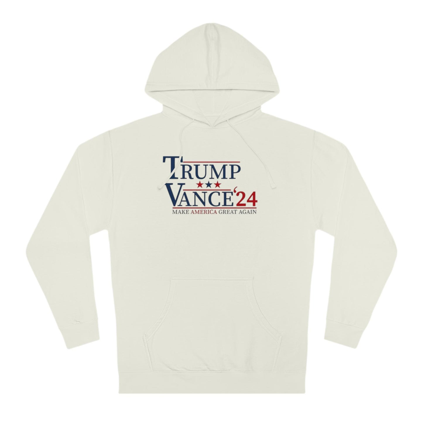 White hoodie with 'Trump Vance 2024' text on a white background