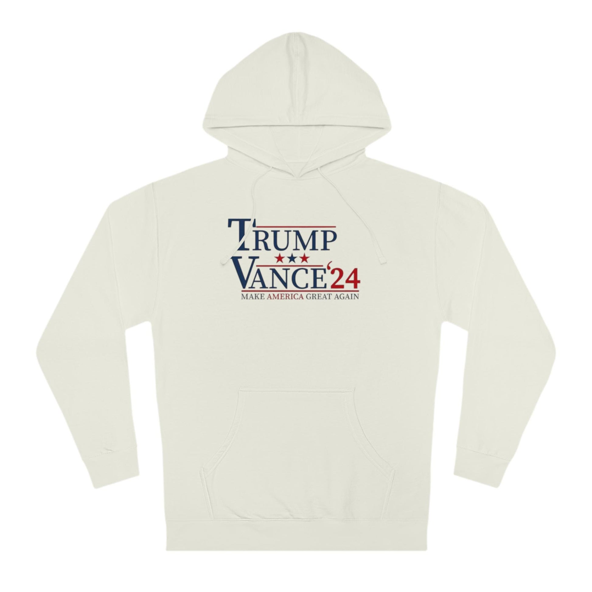 White hoodie with 'Trump Vance 2024' text on a white background