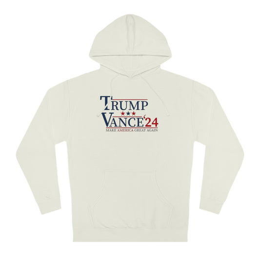 White hoodie with 'Trump Vance 2024' text on a white background