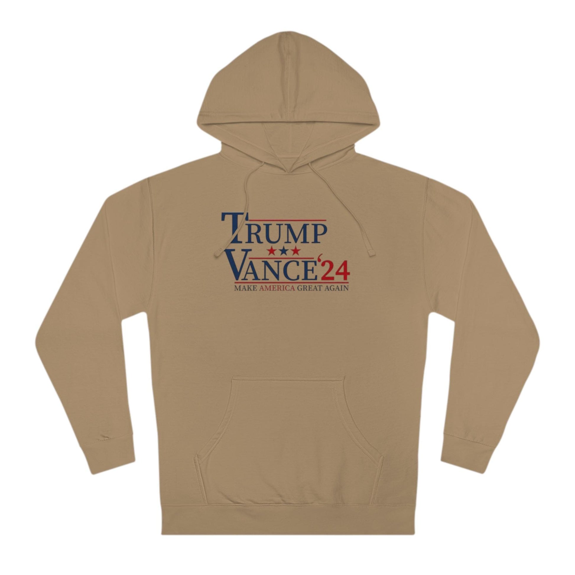 Beige hoodie with 'Trump Vance 24' text and stars on a white background