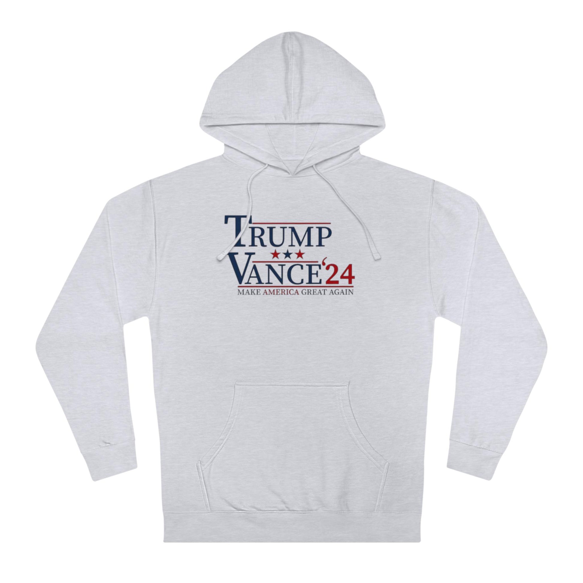 White hoodie with 'Trump Vance 2024' text on a white background