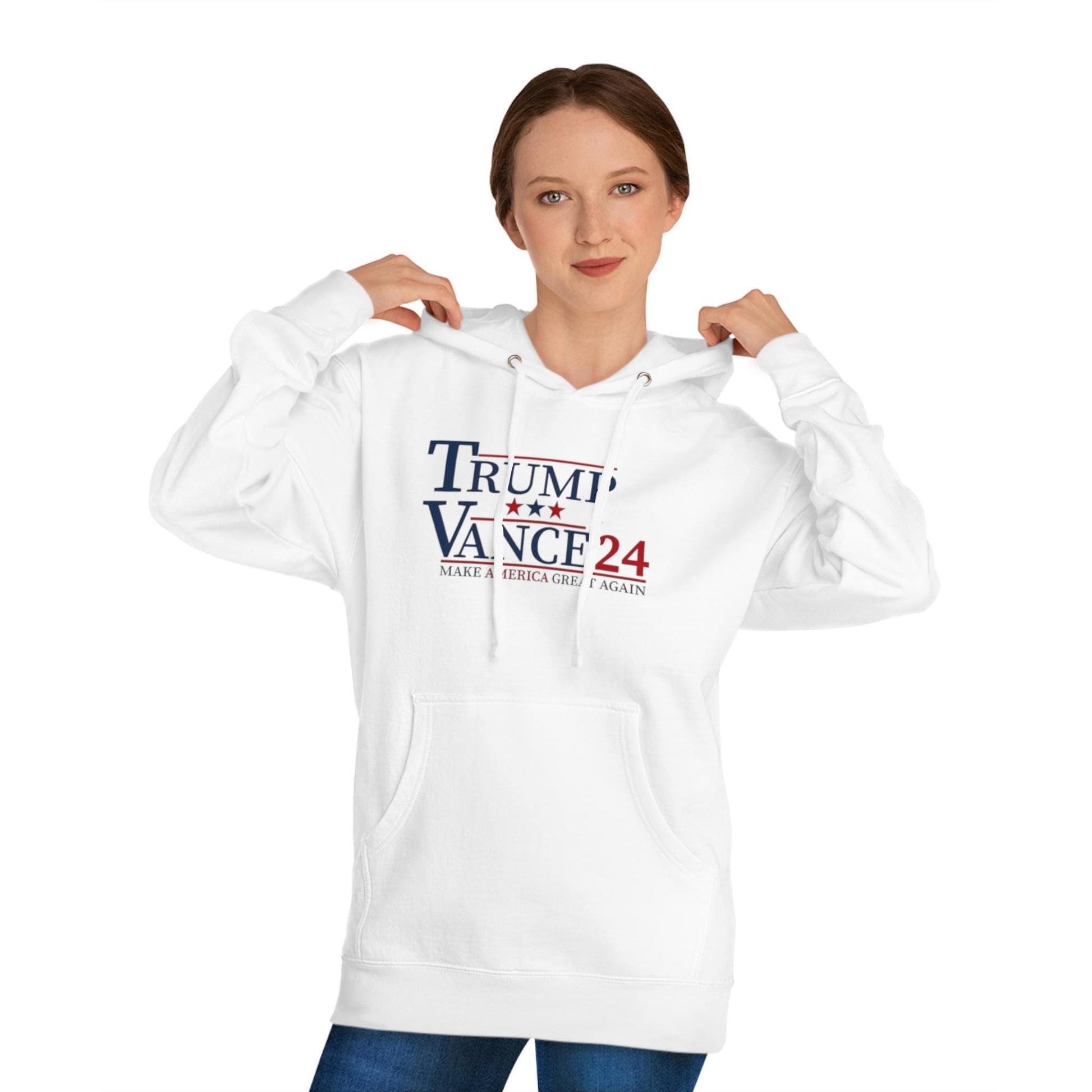 Person wearing a white hoodie with 'Trump Pence 24' text on a white background