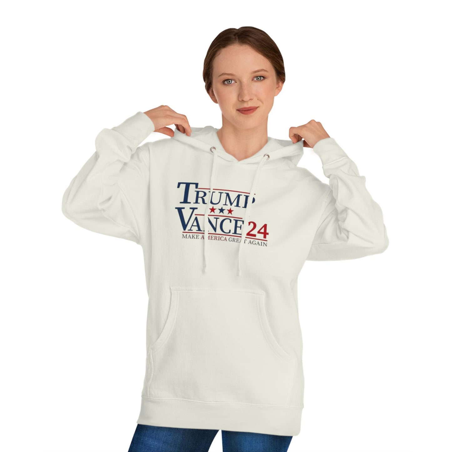 Person wearing a white hoodie with 'Trump Pence 24' text on a white background