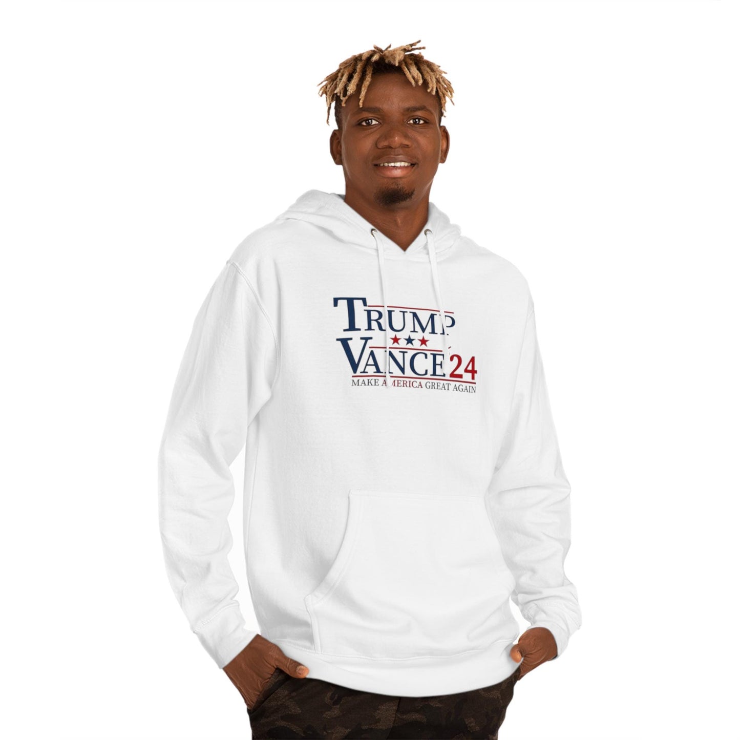 Person wearing a white hoodie with 'Trump Vance 24' text on a white background