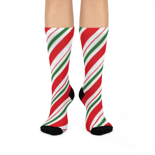 Holiday Candy Cane Striped Socks - Festive Hand-Drawn Christmas Socks