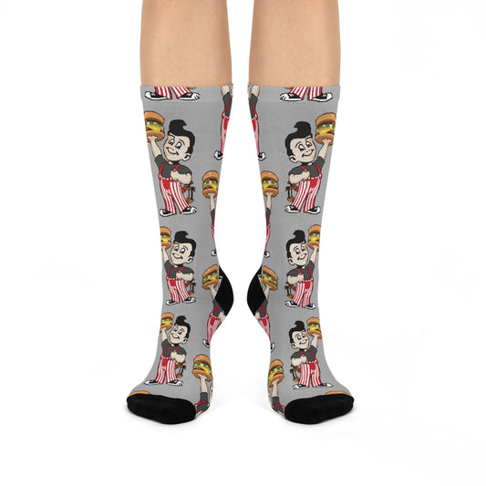 Gray Nostalgic Hand Drawn Big Boy Socks - Retro Cincinnati Gift for Big Boy Fans - Cushioned Crew Socks