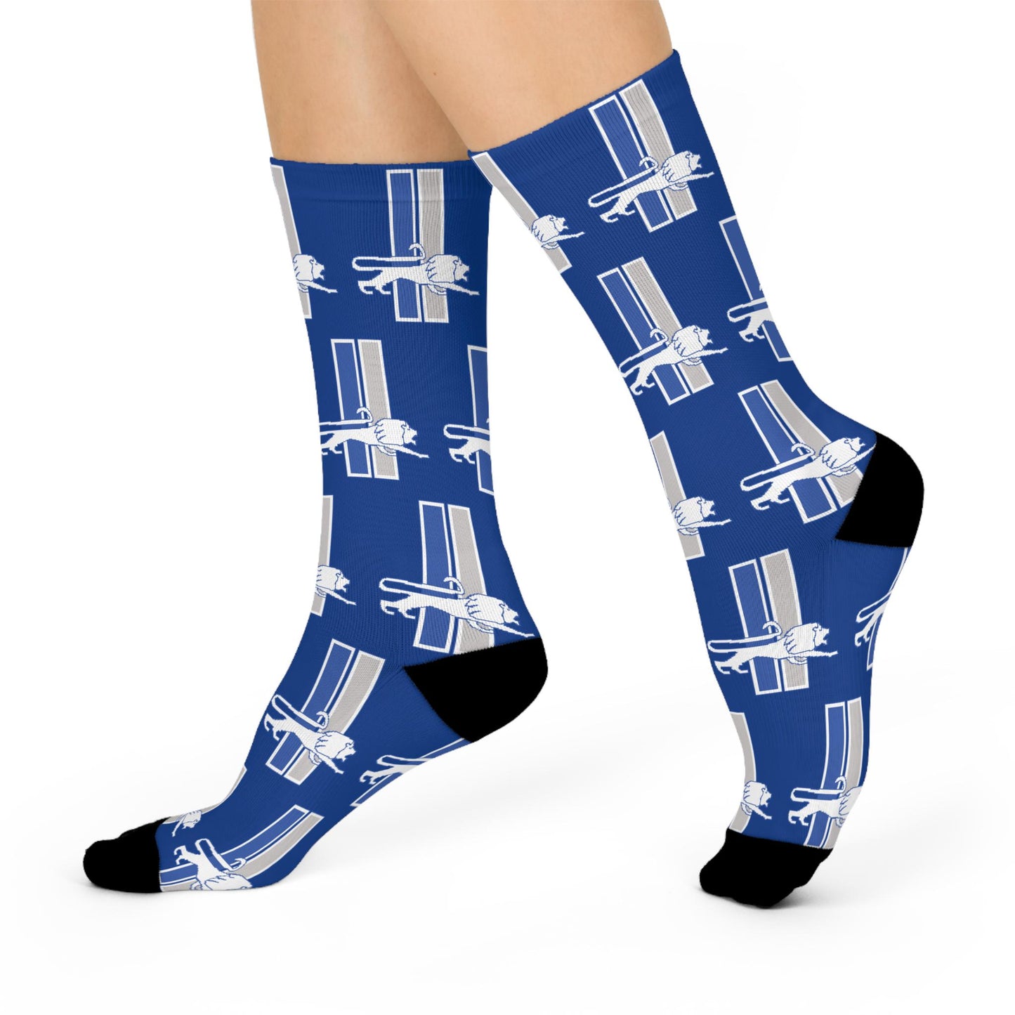 Detroit Lions Inspired Retro Leaping Lion Socks - Hand-Drawn Design on Blue Cushioned Crew Socks