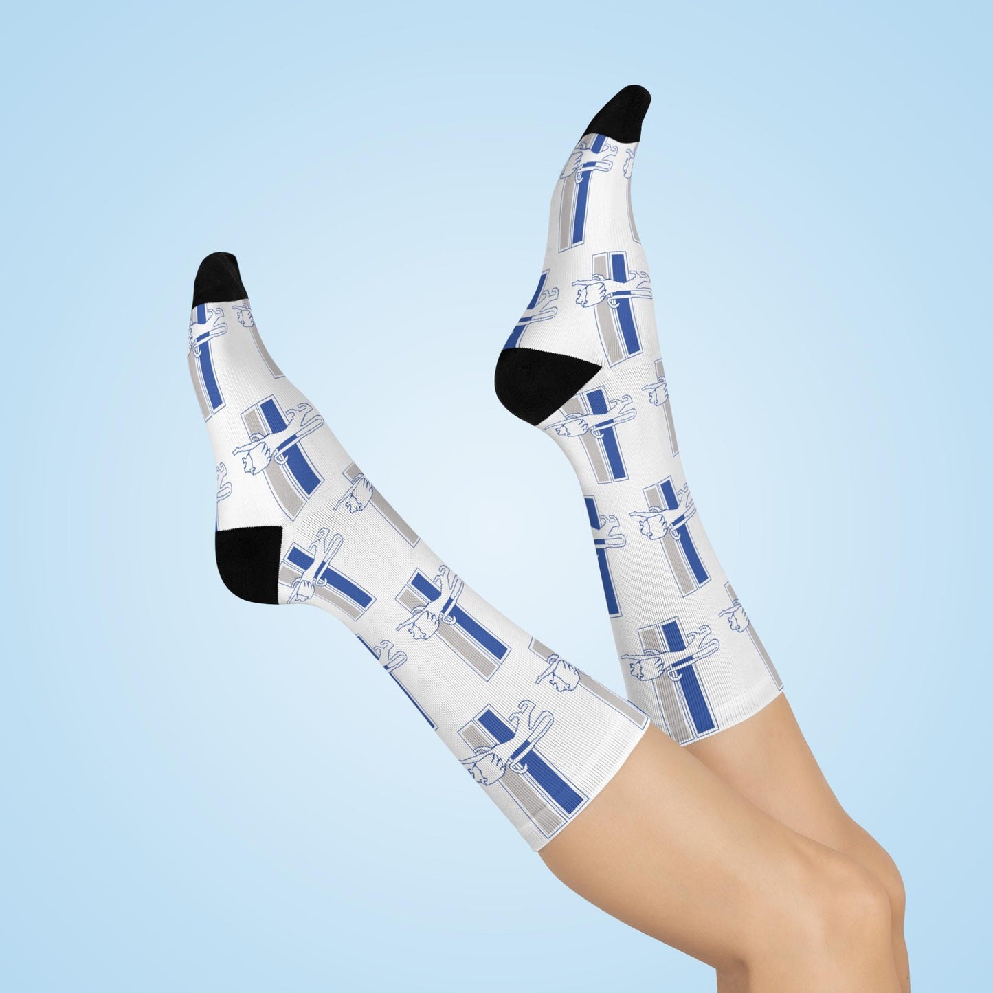 Detroit Lions Inspired Retro Leaping Lion Socks - Hand-Drawn Design on White Cushioned Crew Socks