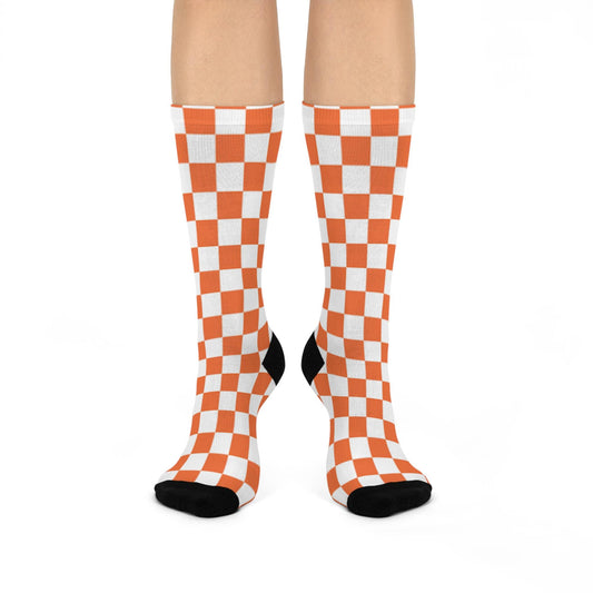 University of Tennessee Inspired Checkered Cushioned Crew Socks - Orange and White Block Pattern