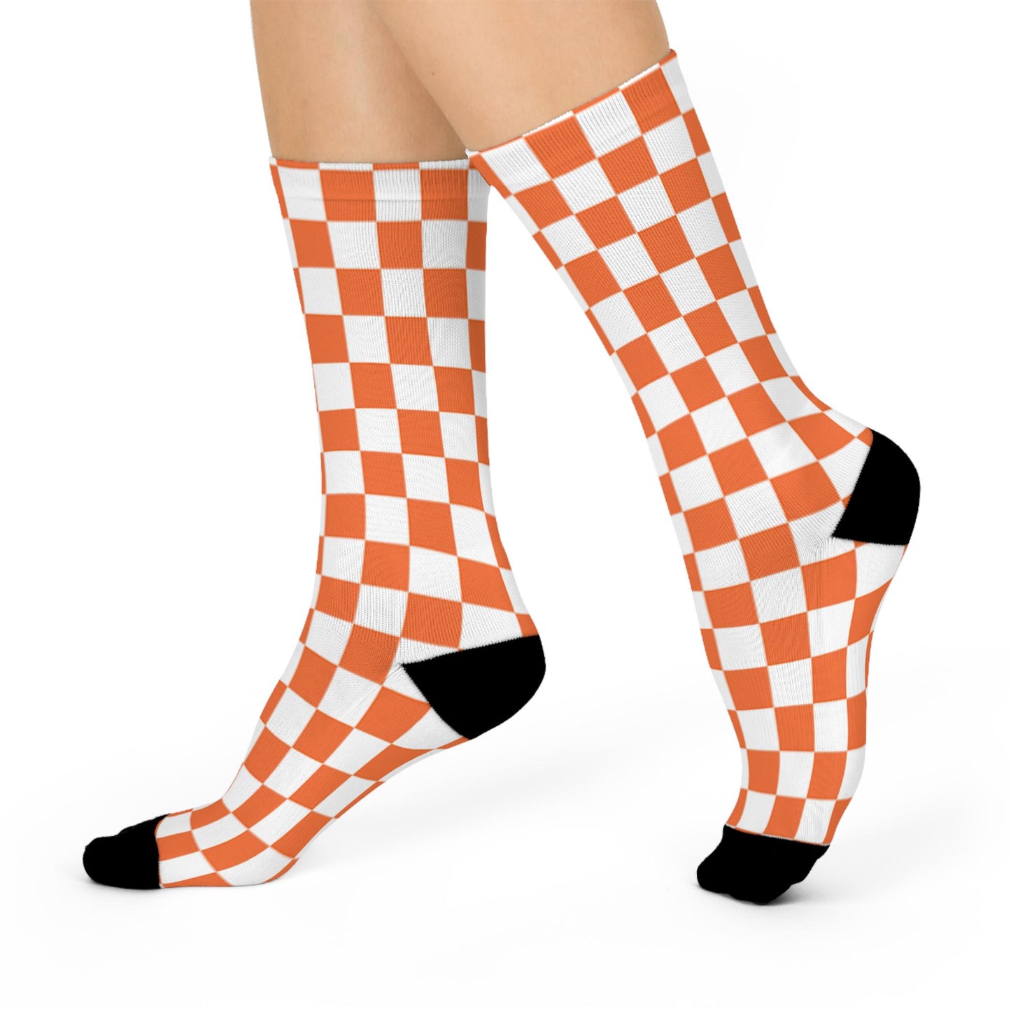 University of Tennessee Inspired Checkered Cushioned Crew Socks - Orange and White Block Pattern