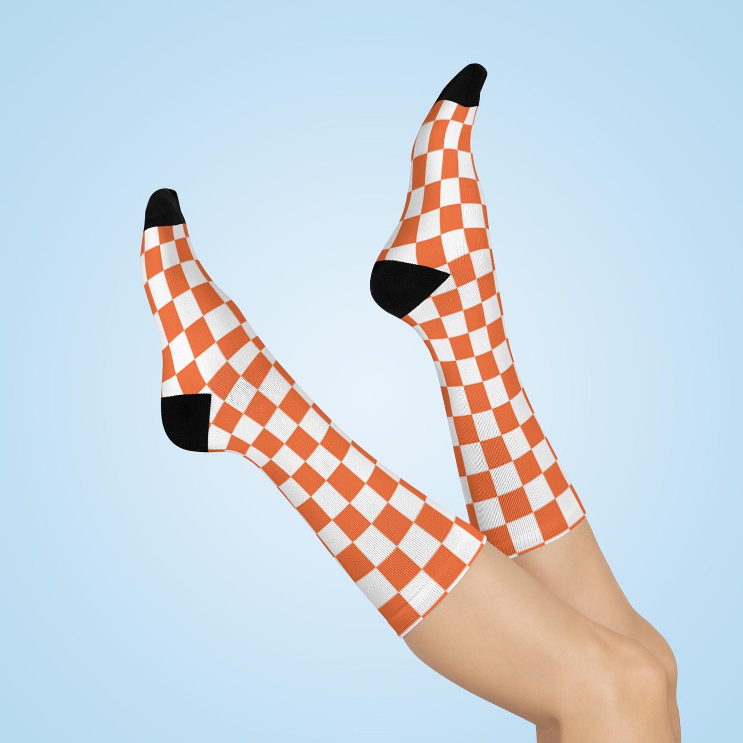 University of Tennessee Inspired Checkered Cushioned Crew Socks - Orange and White Block Pattern