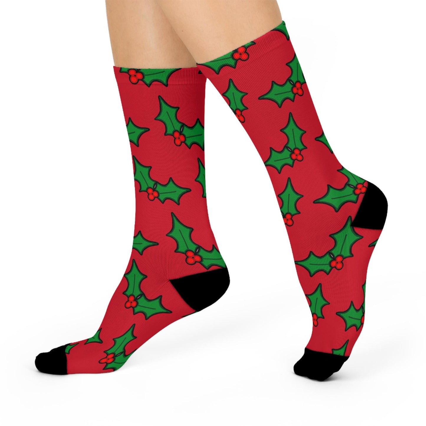 Hand-Drawn Mistletoe Christmas Socks - Festive Red and Green Holiday Socks for the Season Cushioned Crew Socks