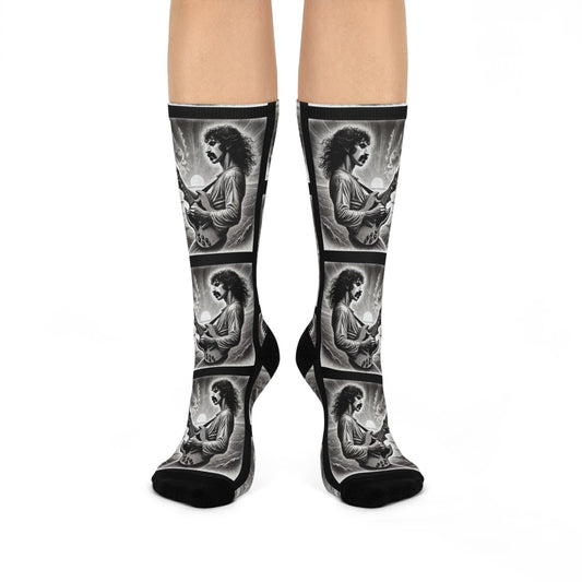 Zappa-Inspired Black-and-White Guitarist Art Socks - Pencil Sketch Music-Inspired Design Cushioned Crew Socks