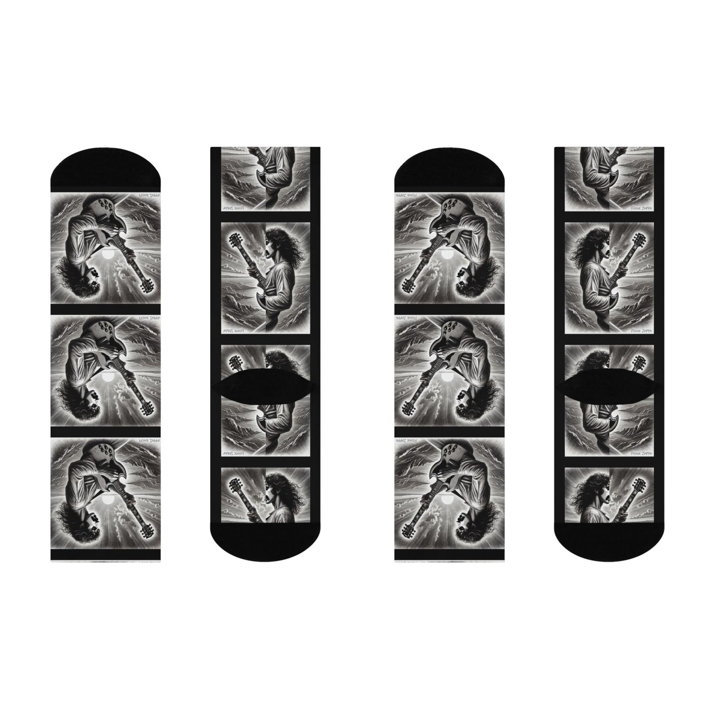 Zappa-Inspired Black-and-White Guitarist Art Socks - Pencil Sketch Music-Inspired Design Cushioned Crew Socks