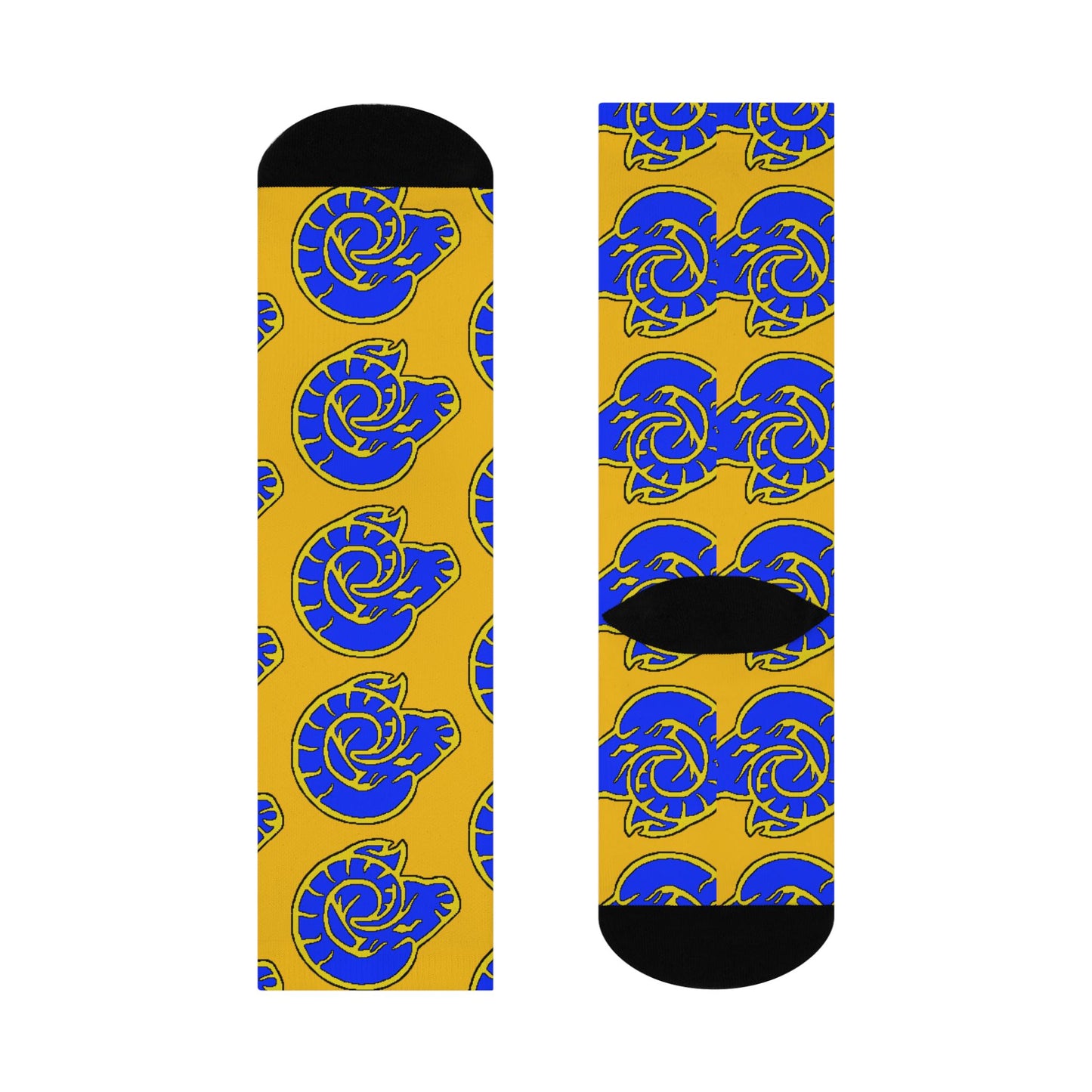 Hand-Drawn LA Rams Logo Cushioned Crew Socks - Gold and Blue Football Fan Gift Socks