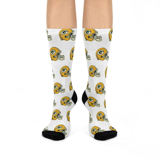 White Hand-Drawn Green Bay Packers Helmet Socks - Unique Football Fan Gift for Game Day - Cushioned Crew Socks