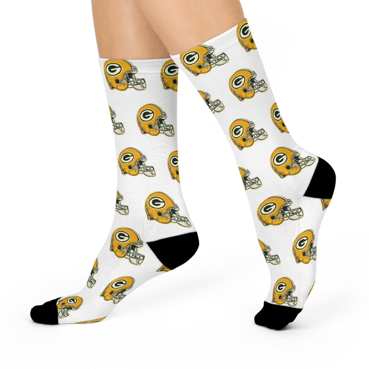 White Hand-Drawn Green Bay Packers Helmet Socks - Unique Football Fan Gift for Game Day - Cushioned Crew Socks