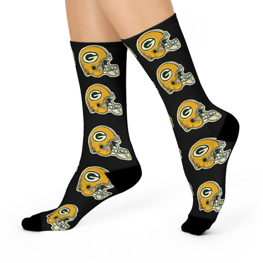 Hand-Drawn Green Bay Packers Helmet and Cheese Socks - Fun and Unique Fan Apparel - Cushioned Crew Socks