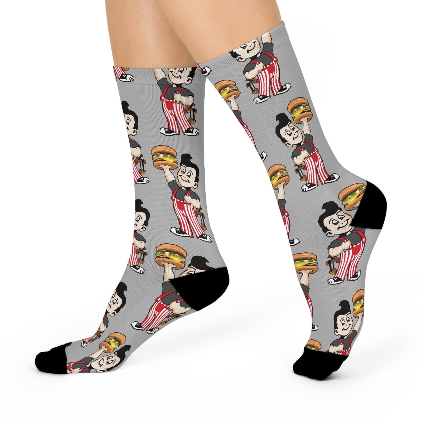 Gray Nostalgic Hand Drawn Big Boy Socks - Retro Cincinnati Gift for Big Boy Fans - Cushioned Crew Socks