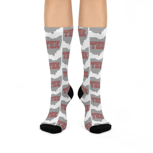 White THE Ohio State Inspired Socks - THE Ohio Map Pattern, Game Day Buckeye Cushioned Crew Socks