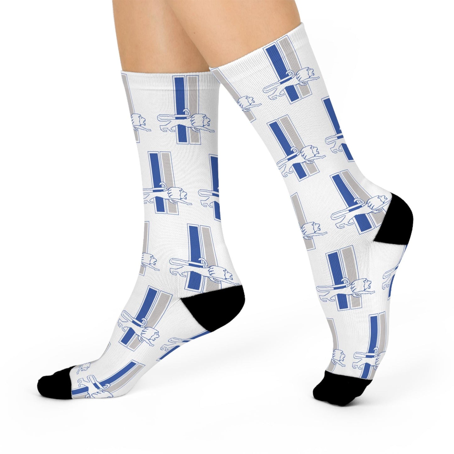 Detroit Lions Inspired Retro Leaping Lion Socks - Hand-Drawn Design on White Cushioned Crew Socks